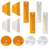 Set Completo: 12 pezzi catarifrangenti in tre forme - Rettangolare (18x4 cm), Trapezoidale (11x6.8 cm), Rotonda (10 cm diametro) - 2 gialli e 2 bianchi per ciascuna forma