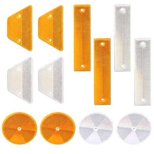 Juego de 12 Reflectores de Ojo de Gato con 3 Formas para Remolques, Alta Reflexión en Amarillo y Blanco, Acrílico Reforzado Pretaladrado, Sin Tornillos, Ideal para Seguridad Vehicular y Multiusos