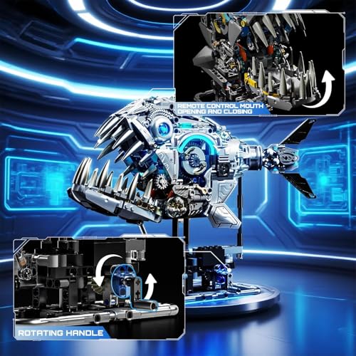 Image of SKY LINE OCEAN Mechanical Piranha Building Block Kit 1085+ Pcs Hand-Crank Gear Driven Motion Model Multi-Joint Mechanical Fish STEM Toy for Teens Adults and Hobbyists | 5 Year Structural Warranty