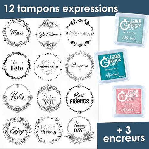 Aladine - Stamp With Love Kronen Ausdrücke – Bogen mit 12 Schaumstoffstempeln + 3 Stempelkissen – Ideal für Geschenkanhänger, personalisierte Einladungskarten