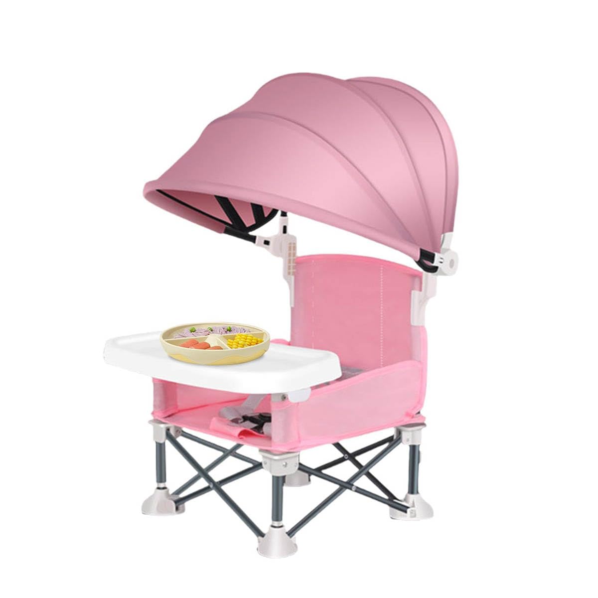 Baby Folding Chair Booster Seat for Outdoor Beach Camping Toddler Camping Chair with Tray & Canopy Foldable Baby Camping Chair Feeding Chair for Travel (Pink)