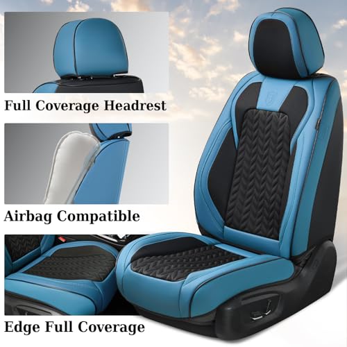 Image of Coverado Seat Covers Full Set, 5 Seats Breathable Faux Leather Seat Covers for Cars, Car Seat Cover Winter, Car Seat Protector Car Seat Cushion, Automotive Seat Cover Universal Fit Most Vehicles, Blue