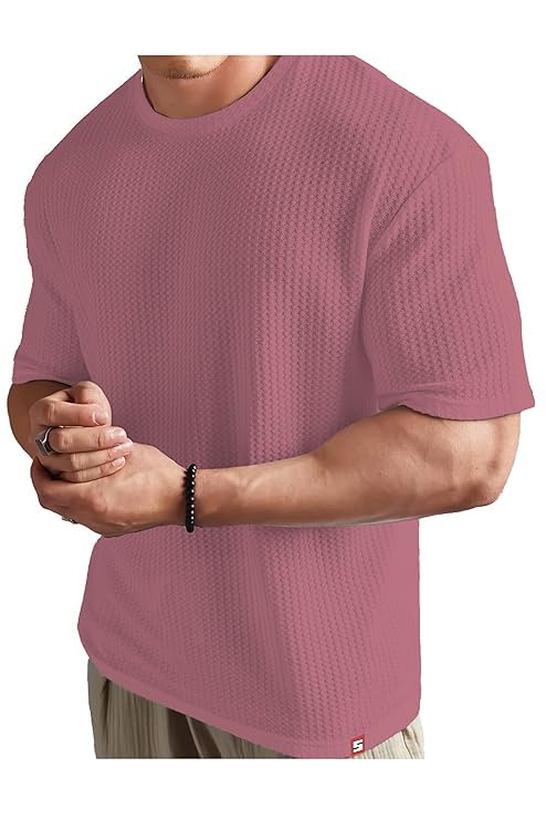 Image of Men Solid Waffle Round Neck Oversized /Dropshoulder |Baggy| Summer T Shirt for Ment Shirt