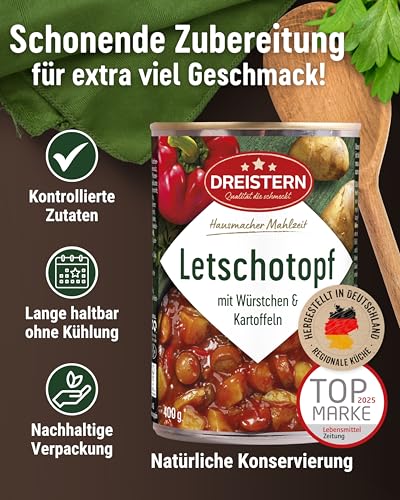 DREISTERN Letschotopf 400g I Mit Kartoffeln & Würstchen I Herzhaftes Fertiggericht in recyclebarer Konservendose I Lange Haltbarkeit dank natürlicher Konservierung I Hausmacher Qualität