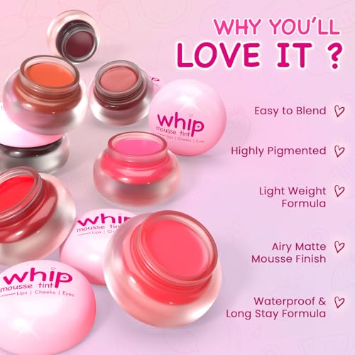 Image of Glam21 Whip Mousse Tint 3-in-1 | Lip, Cheek & Eye Tint | Vitamin E, Jojoba Oil & Shea Butter | Waterproof, Long-Lasting, Highly Pigmented | Lightweight Travel-Friendly Makeup | 4gm Each | Combo Pack Of 2 (Cherry Red&Pink Strawberry)