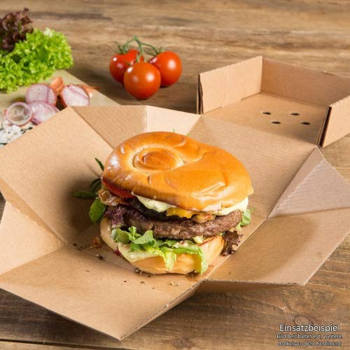 BIOZOYG 100 Contenitori Hamburger Box con Coperchio Pieghevole I Scatole per Hamburger Compostabili di Cartone Kraft con Fori I Robuste Scatole per Cibo da Asporto marroni 13x13x10cm, quadrate