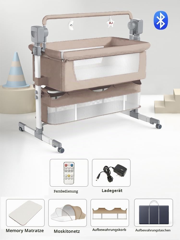 Faltbar Beistellbett Baby, Multifunktional Babybett, Höhenverstellbar Stubenwagen Baby, Babys Reisebett Mit Matratze (601 Beige)