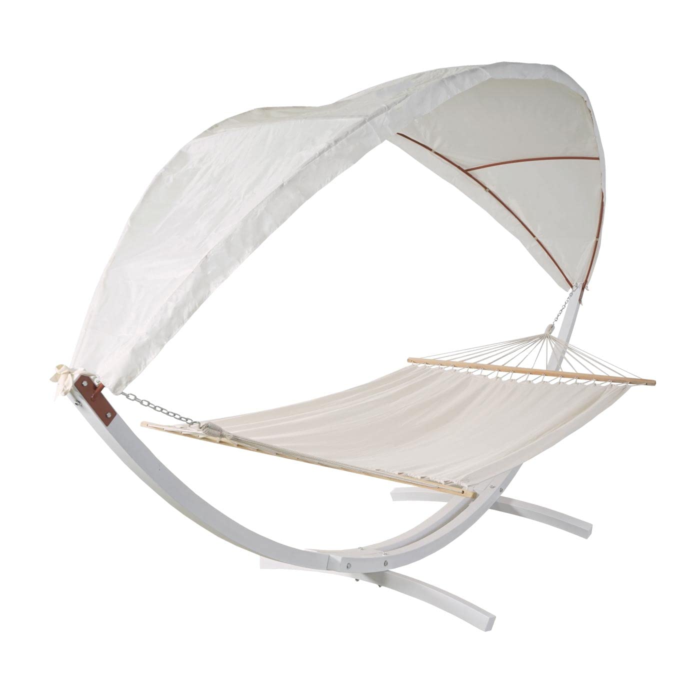 Amaca 2 posti con struttura in legno e parasole HWC-J47 regolabile 420cm - bianco telo avorio