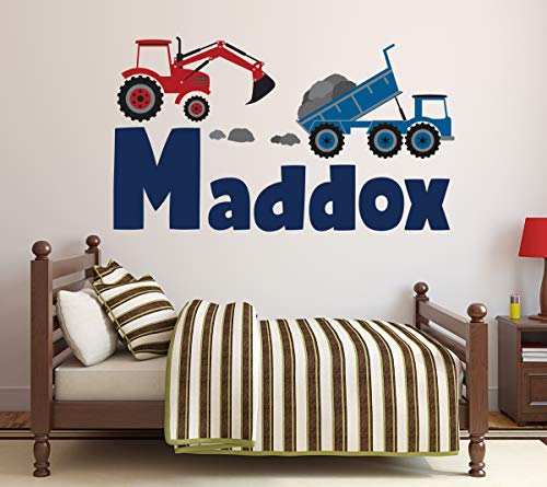 Construction Trucks Wall Decal - Custom Name Decal - Playroom Wall Decal - Construction Kids Room - Nursery Wall Decal - Boys Room Decal (24"W x 14"H)