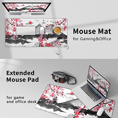Image of Sweetshow Japanese Cherry Blossom Mouse Pad 35.4 X 15.7 Inch XXL Full Desk Pink Watercolor Sakura Cool Design Gaming Mousepad Extended Large Non-Slip Rubber Base Keyboard Mat with Stitched Edges