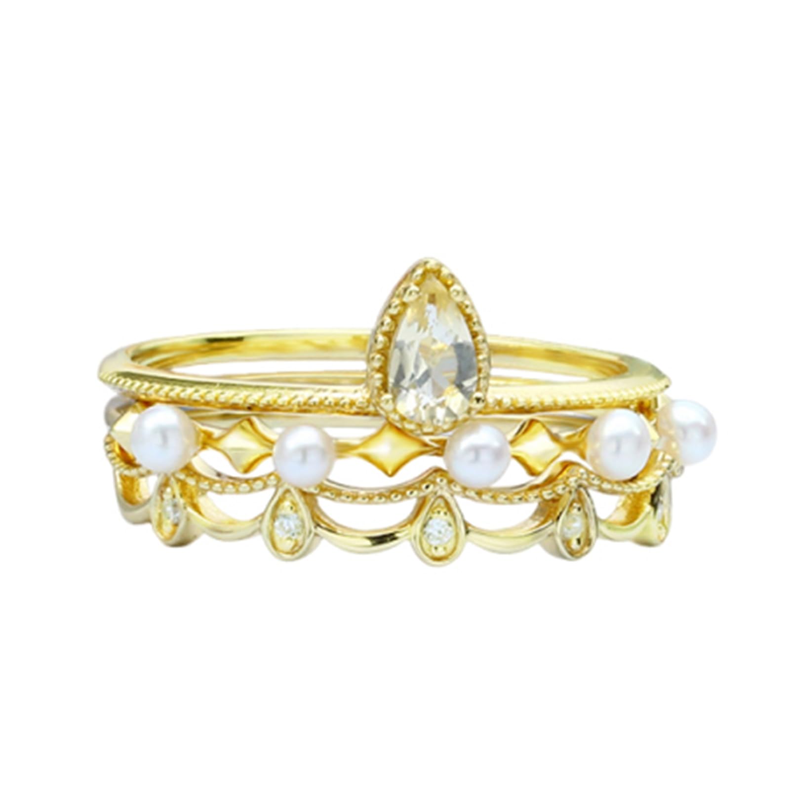Verlobungsring Gold, Damen Vintage Trauring 3-teiliges Set mit Kristall und Perle, Moissanit aus Gelbgold