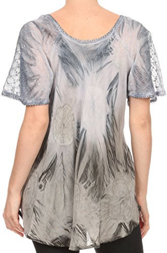 Image of Sakkas Taylay Ombre Tie Dye Batik Long Embroidered Corset Neck Blouse Shirt Top