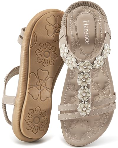 Image of HARENCE Summer Flat Sandals for Women: Comfortable Bohemian Beaded Flats Shoes Elastic Ankle Strap Casual Walking Slip On Dress Sandal