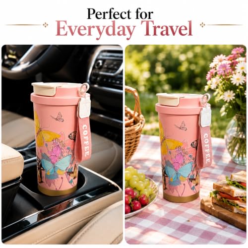 Image of Vasukie Stainless Steel Coffee Tumbler with Carrying Strap, Aesthetic Pink Butterfly & Floral Travel Mug, Leakproof Water Bottle for Women & Girls (500ML)