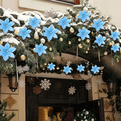 36 Pcs 3 Size Christmas Poinsettia Tree Flowers Glitter Faux Flowers Decoration Artificial Poinsettia Ornaments For Christmas New Year Home Outdoor Decoration (Lake Blue - Image 4