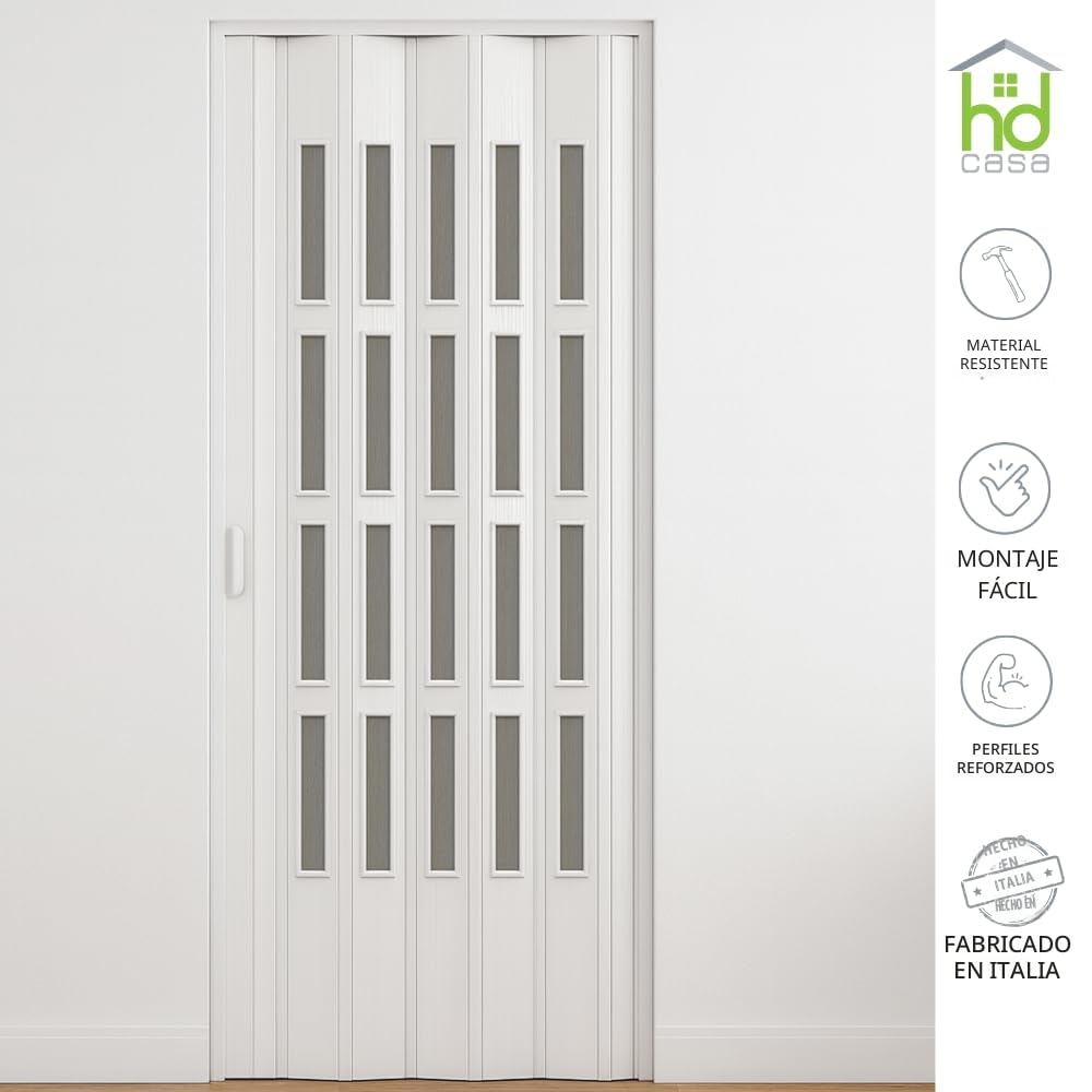 HDcasa Puerta plegable Extra Standard, PVC con cristal transparente, reversible y regulable en altura longitud, para montaje propio, fabricada Italia, decoración del hogar, blanca, 82 x 210 cm