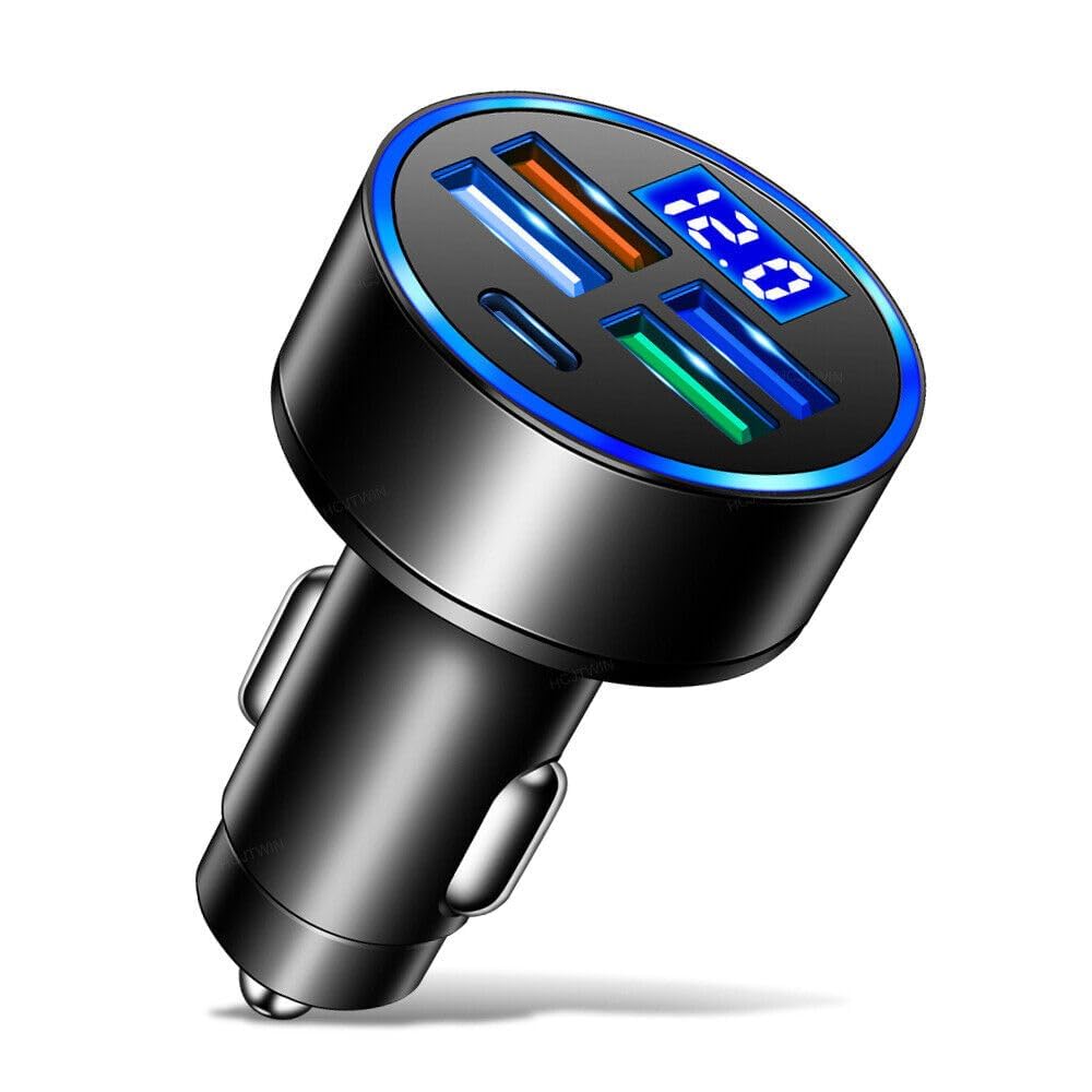 65W Car Charger, Universal 5-Port QC 3.0 Car Charger with 4 USB and 1 PD Port for All Your Devices with Battery Voltage Monitoring-Black