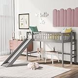 Majnesvon Twin Loft Bed with Slide,Loft Bed,Wood Low Profile for Boys Girls, Built-in Ladder and Gua