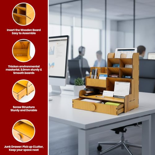 Image of Wooden Desk Organiser Pen Stand for Study Table Brown