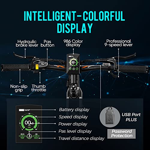 Electric Mountain Bike eAhora APUS Peak 750W 48V 17AH Max 27MPH Adult Electric Bicycles Carbon Fiber Frame Hydaulic Brakes Color Display with USB 9 Speed Gears Ebikes