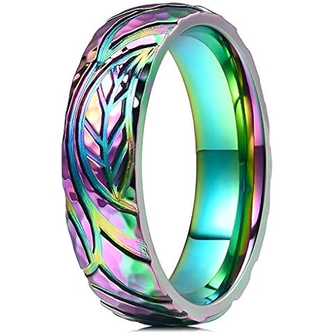 THREE KEYS JEWELRY 6mm Rainbow Leaf Colorful Titanium Wedding Ring Domed Polished Wedding Band Engagement Ring Size M Cover