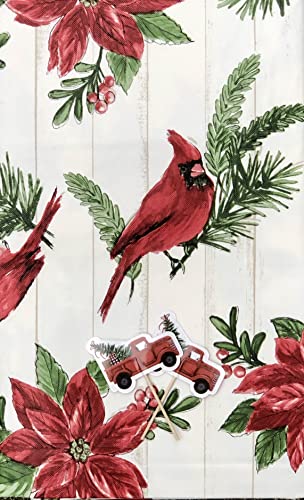 Winter Christmas Holiday Cardinals, Red Poinsettia And Tree Trimmings On White Wood Background Vinyl Flannel Back Tablecloth With 2 Red Truck Cupcake Picks (60" Round) #TOP23