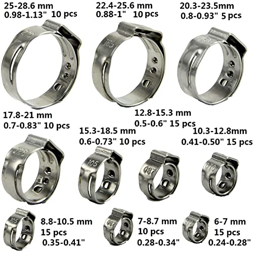 Leberna 115 Pcs 304 Stainless Steel Stepless Single Ear 7-29Mm Hose Clamps With Pincers Crimper Tool Kit | Securing Pipe Hoses Automotive | Cinch Rings Pinch Clamp, Crimp Clamp Assortment Pex Crimping #TOP1