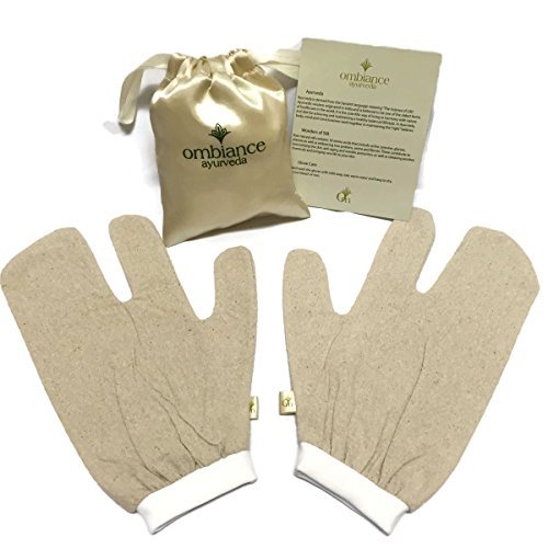 ombiance Raw Silk Garshana Massage Gloves | 100% Unbleached Silk Noil Ayurvedic Dry-Brush Therapy | Comes with Luxurious Satin Storage and Travel Bag | 1 Size