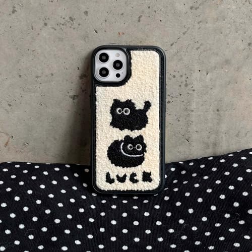 Coque iPhone 14 Pro chat noir en fourrure chaude et broderie rétro hawaïenne