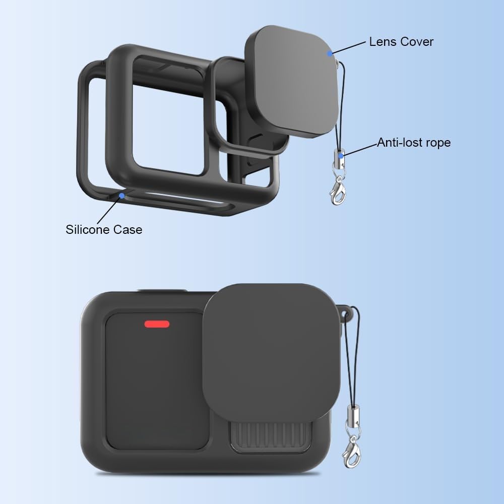 Yantralay Silicone Lanyard Sleeve Protective Cover + 6PCS Tempered Glass Screen Guard with Silicone Lens Cover Compatible with Go Pro Hero 9 Black Action Camera (Silicone Cover) 1