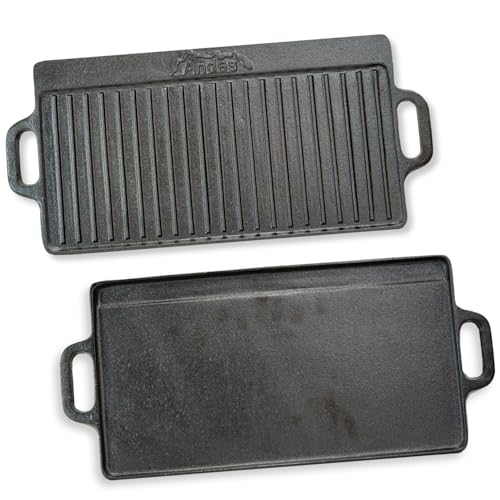 Andes Double Sided Cast Iron Griddle Plate with Handles Ribbed Grill Pan/BBQ Skillet for Camping 50 x 23cm