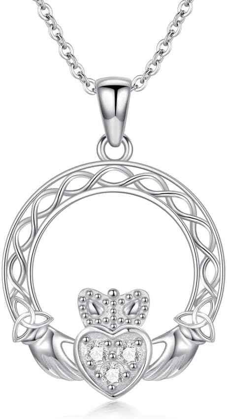 Diamond Claddagh Necklace for Women S925 Sterling Silver Lab Grown Diamond Claddagh Celtic Knot Necklace Handmade Silver Claddagh Pendant Necklace Jewelry Gift for Women Her