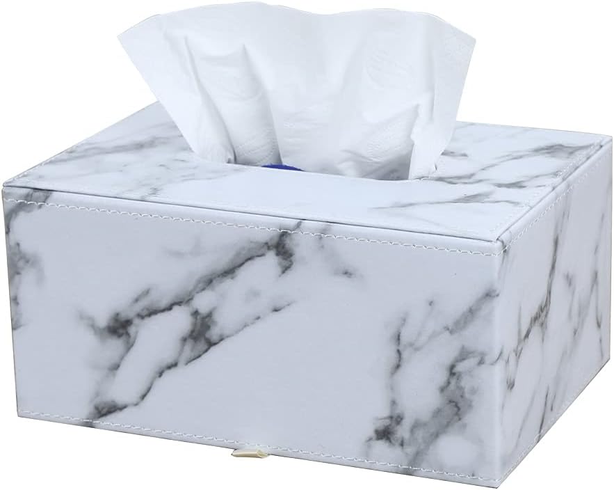 KINGFOM Rectangular PU Leather Tissue Box Holder, Facial Tissue Case Dispenser for Home Office Car Automotive Decoration Medium(Gray Marble)