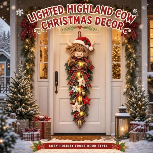 Lighted Highland Cow Christmas Door Swag, 2026 Farmhouse Door Decor - image 3