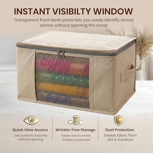 Image of Lukzer Cotton Canvas Large Saree Cover Bags for Storage with Zip & Transparent Mesh Window /Clothes Organizer for Wardrobe - Set of 06 | Saree Bags Designed for Lehengas /Blankets /Dresses - 44x31x19 CM