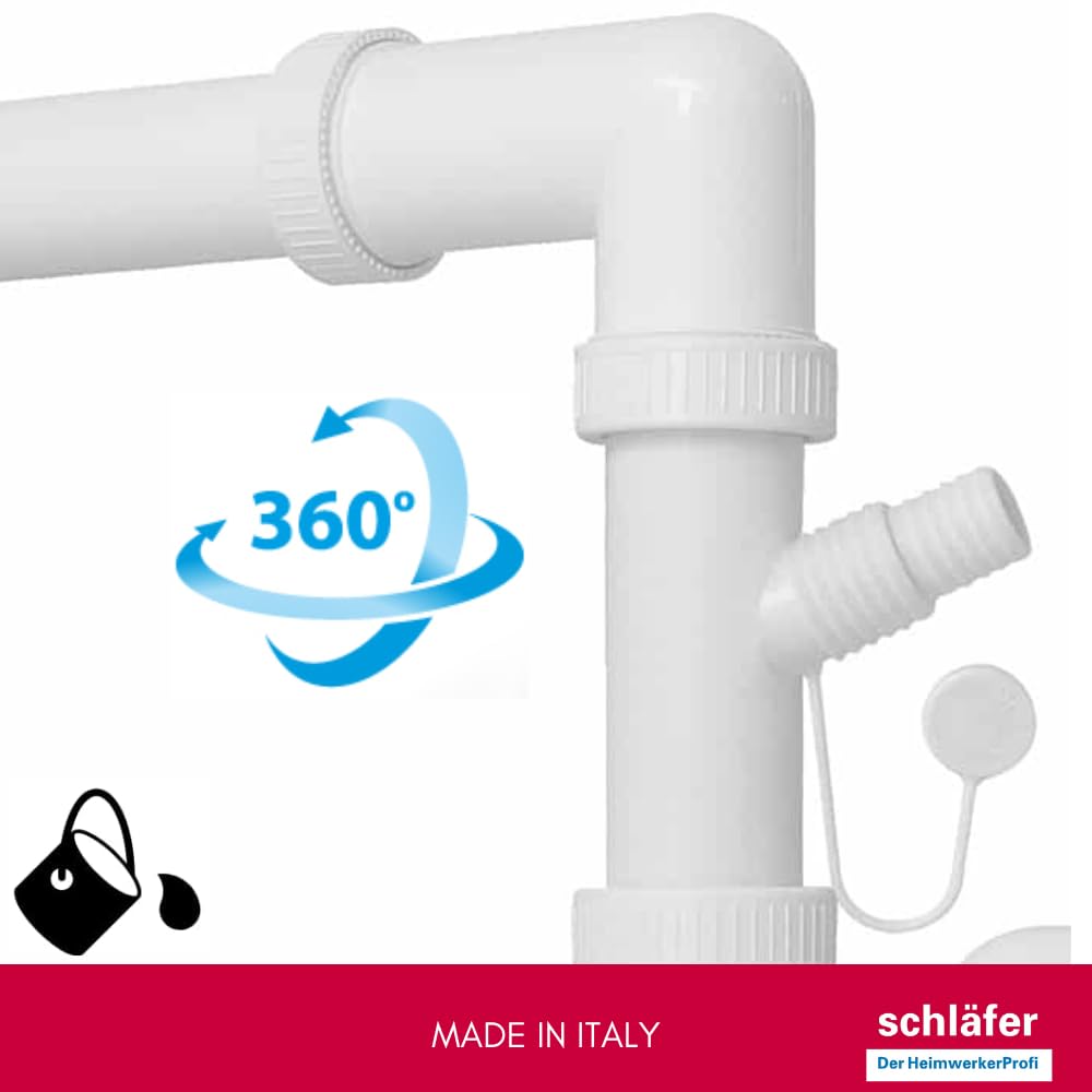 Schläfer 4395025 | Siphon universel 1"1/2 pour éviers – sortie diam 40 mm, set siphon en S en plastique, échappement évier autonettoyant économe en place pour évier simple avec fixation lave-vaisselle