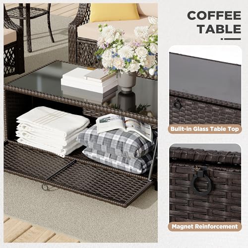 Image of HOMREST 3 Piece Patio Rattan Ottomans Set,Outdoor PE Wicker Footstool w /Removable Cushion, Storage Coffee Table & Multipurpose Footrest Stool for Porch, Poolside, Garden, Deck(Khaki)