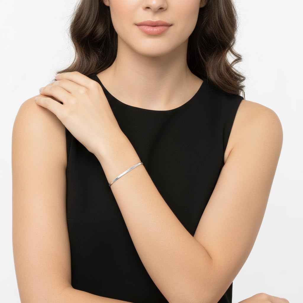 925 Sterling Silver Herringbone Bracelet for Women 3mm – Flat Snake Chain - Image 2