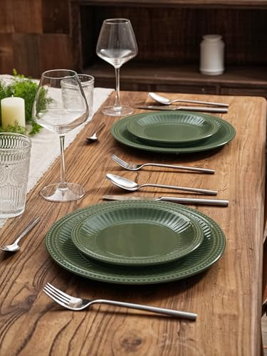 Image of Famiware Garden 12-Piece Embossed Plates and Bowls Sets, Stoneware Reactive Glaze Dishes Dinnerware Set, Modern Rustic, Chip & Scratch Resistant, Microwave & Dishwasher Safe, Service for 4, Dark Green