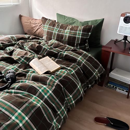 Image of LifeTB Queen Comforter Set Brown Green Plaid Comforter Set, 3 Pieces Vintage Plaid Checkered Comforter with 2 Pillowcases, Fluffy Soft Breathable Grid Pattern Farmhouse Gingham Bedding Set Queen
