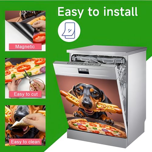 Image of HOMETITUTE Funny Dachshund Dog Magnetic Dishwasher Cover 23x26 Inch Hotdog Pizza Panel Magnet Sticker for Kitchen Appliance Fridge Door Wrap Pet Humor Theme Decorative Surface Art
