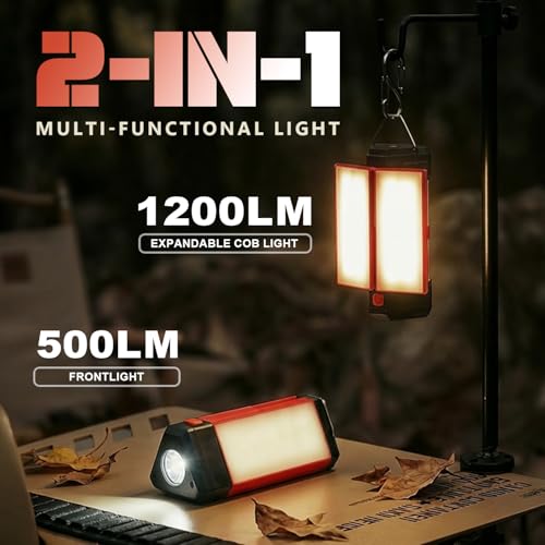 Linterna de Camping Recargable Portátil Hoxutym 1200LM LED Luz de Camping con Diseño COB Plegable 300°, Batería 6000mAh USB-C Luz de Trabajo Magnética con Gancho para Emergencias miniatura 6
