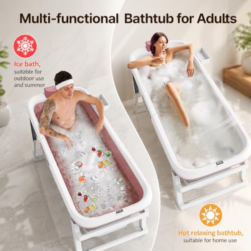 Image of Large Bathtubs for Adults Foldable Bath tub for Bathroom with Temperature Meter and Bath Pillow 148Lx62Wx52H CM Hot and Ice Spa Bathtub for Home Portable Adult Bathtubs (Pink)