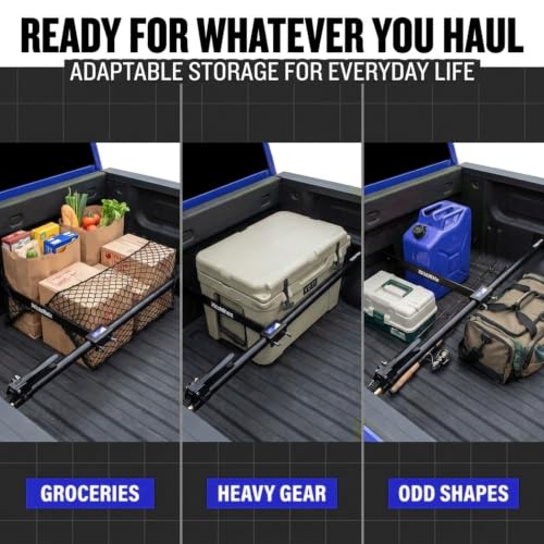 Image of HitchMate Cargo Stabilizer Bar Full Size 59 inch to 73 inch with StabiLoad Divider Bar and Cargo Net