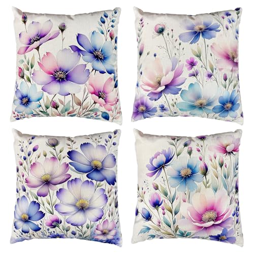 Kaezuy Blumen Kissenbezug 45x45 cm, 4er Set Kissenhülle Frühlingsdeko Zierkissenbezug Dekokissen, Leinen Aesthetic Deko Zierkissenbezug mit Blumen für Sofa Sessel Zuhause Schlafzimmer (Blau)