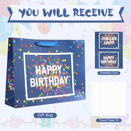 Image of JMANNI Large Happy Birthday Gift Bag with Tissue Papers and Greeting Card,Portable Paper Gift Bags with Handles, Navy Blue Present Bags for Women Men Birthday Party Supplies 13 inch x 10.2 inch x 4.7 inch