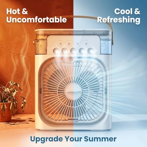 Image of Portable Mini Air Cooler Fan with Water Spray | 7 Color LED Light | 3 Speed Personal Cooling Fan with Timer | USB Compact Table Cooler for Home Office Travel