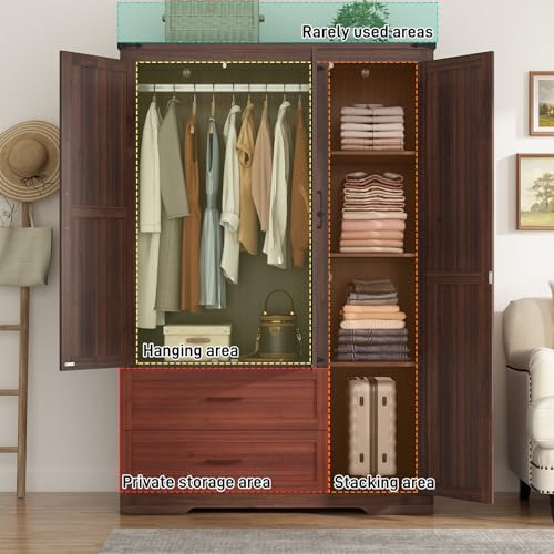 Farmhouse Wardrobe Armoire Closet with 3 Doors and 2 Drawers, 70.1\" Wooden Clothing Storage Cabinet, Freestanding Large Capacity Storage Wardrobe Armoire with Hanging Rod for Bedroom, Brown
