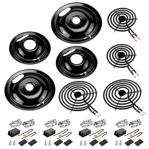 MP22YA Stove Burner & W10290350 W10290353 Black Porcelain Drip Pan with 330031 Receptacle Kit by Fetechmate Porcelain Stove Drip Pans of 4 & MP22YA Electric Range Burner Fit for Amana Whirlpool Stove