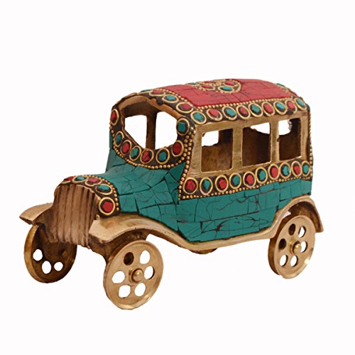 Purpledip Vintage Jeep Miniature Replica in Pure Brass with Spectacular gemstonework: Handmade Quirky Gift Collectible (11239)